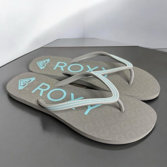 Roxy Crush III Women’s Flip Flops Gray w/ Blue & White Beaded Straps - Picture 5 of 12